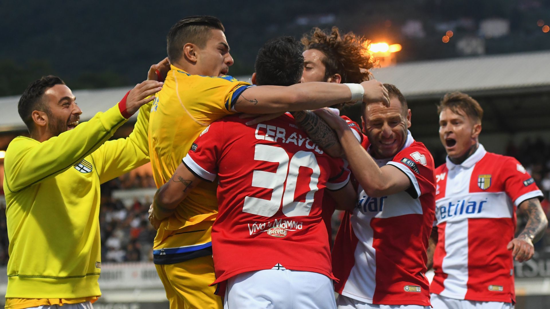 Parma players celebrating Spezia Parma Serie B