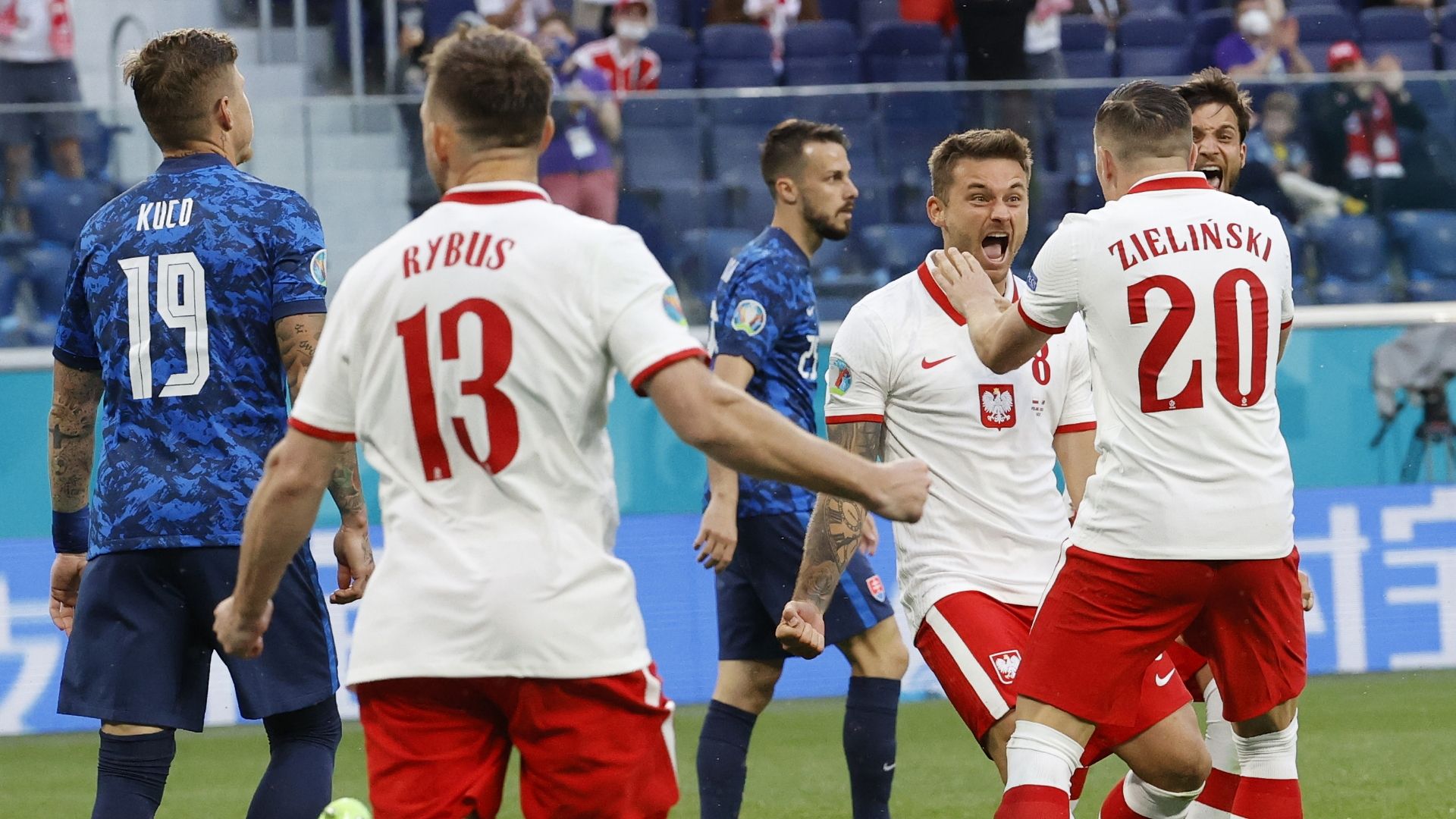 Poland celebrate Karol Linetty goal vs Slovakia, Euro 2020