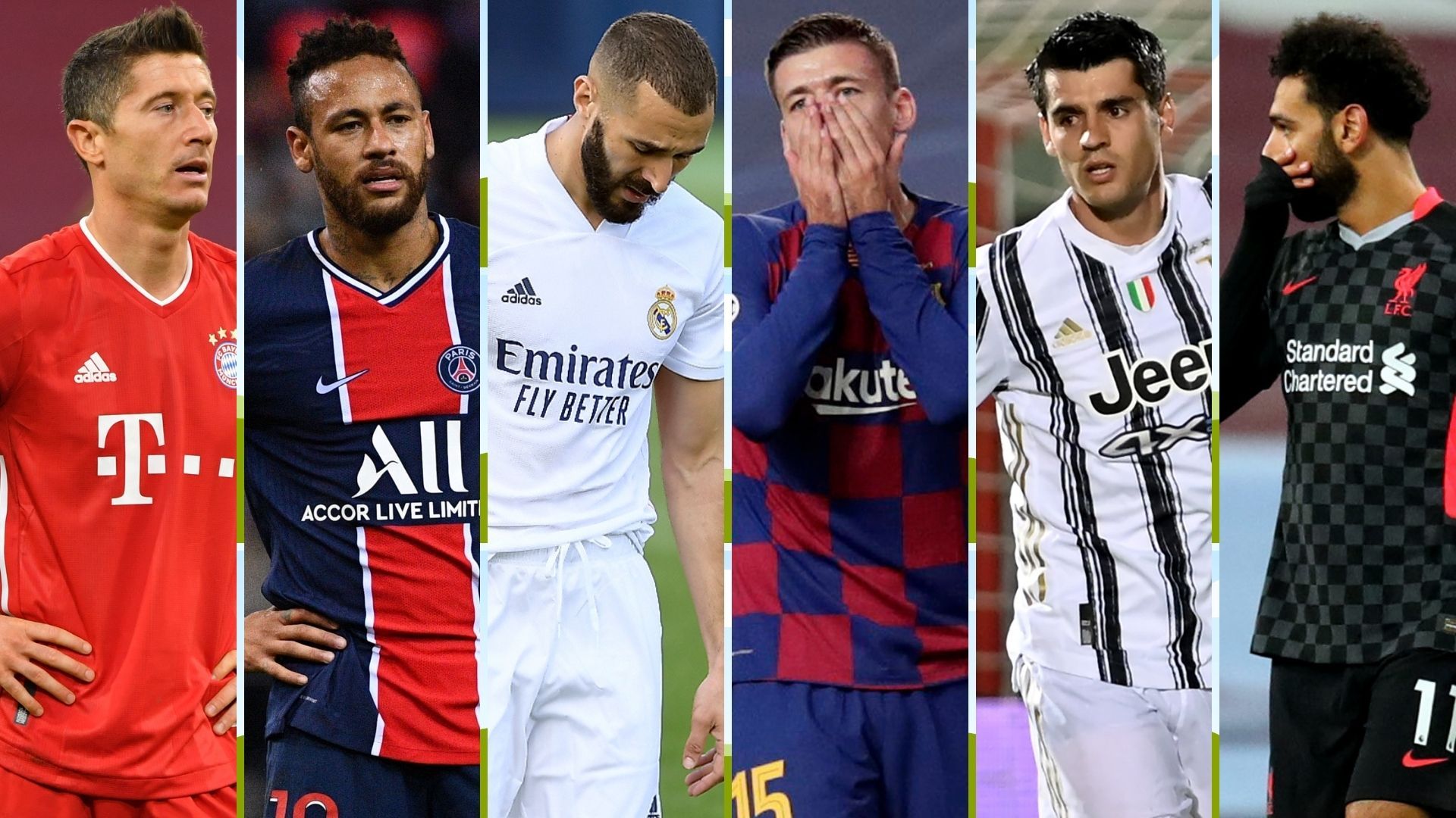 Lewandowski, Neymar, Benzema, Lenglet, Morata y Salah (Bayern, PSG, Real Madrid, Barcelona, Juventus y Liverpool)