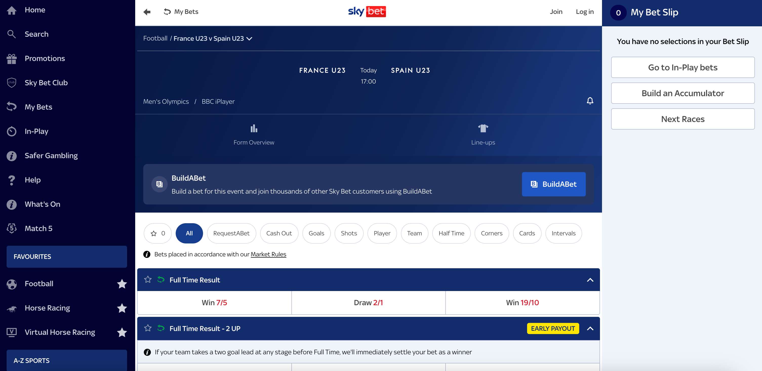 Sky Bet interface