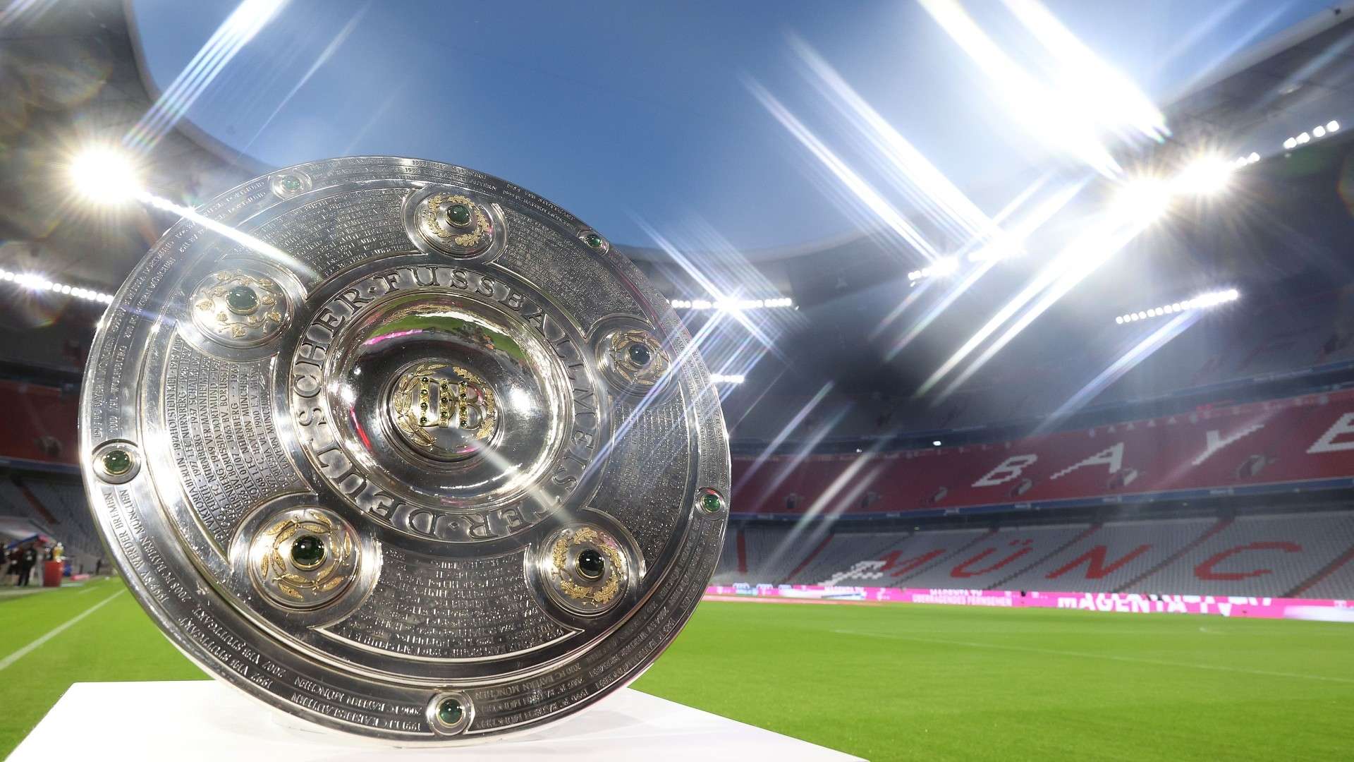 The German Championhip winners trophy is displayed prior to the Bundesliga