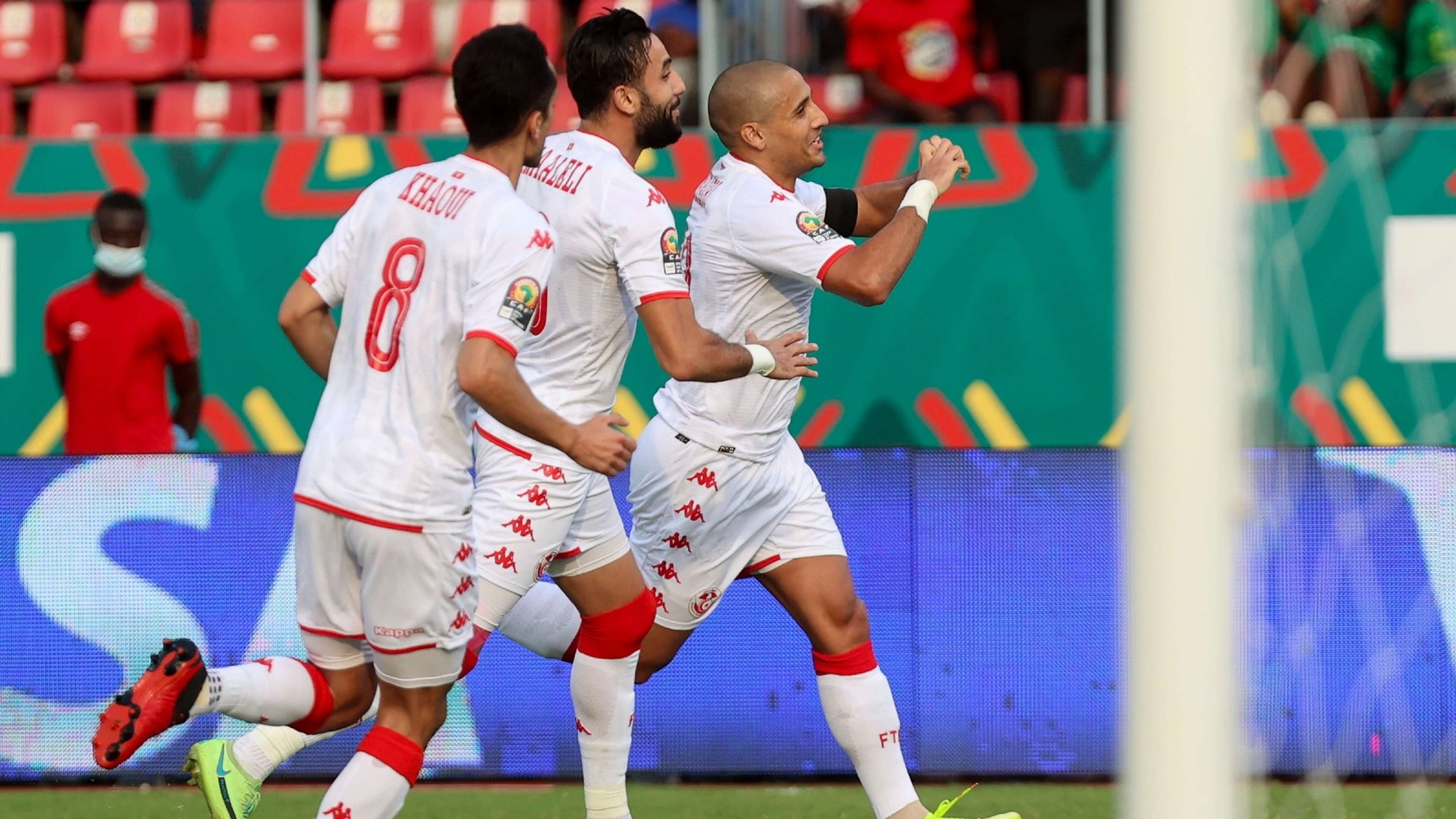 Tunisia captain Wahbi Khazri celebrates his goal with teammates during the 2021 Africa Cup of Nations.