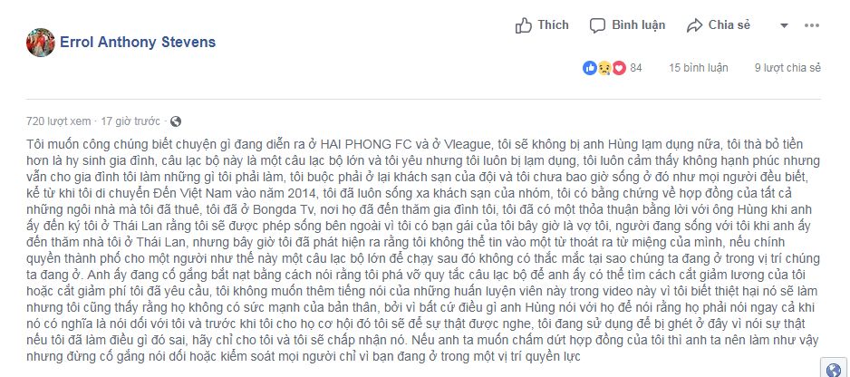 Dòng trạng thái bất mãn của Errol Stevens