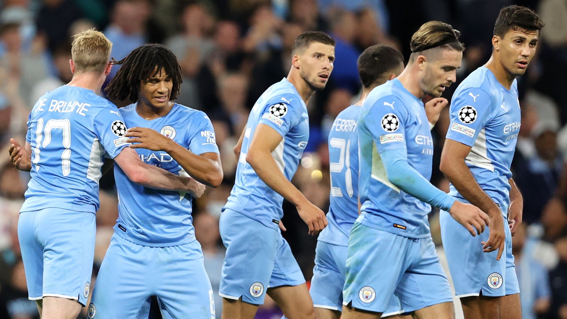 Man City celebrate Nathan Ake goal vs RB Leipzig