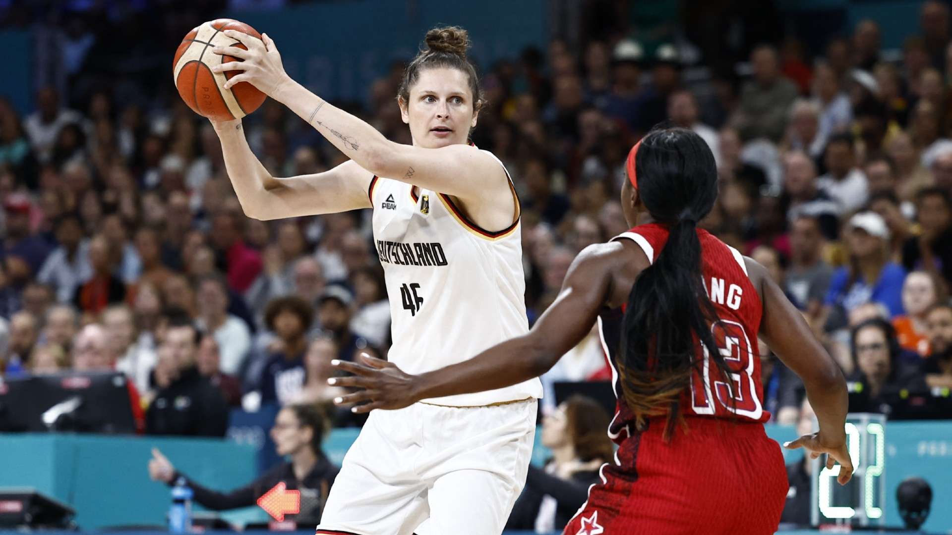 Germany's #46 Romy Bar passes the ball