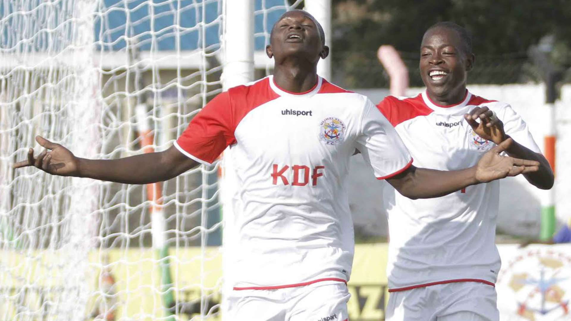 Ulinzi Stars winger Samuel Onyango celebrates with Ezekiel Otuoma