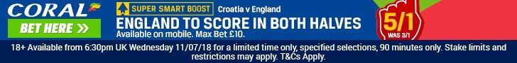 England to score in both halves - Coral offer footer