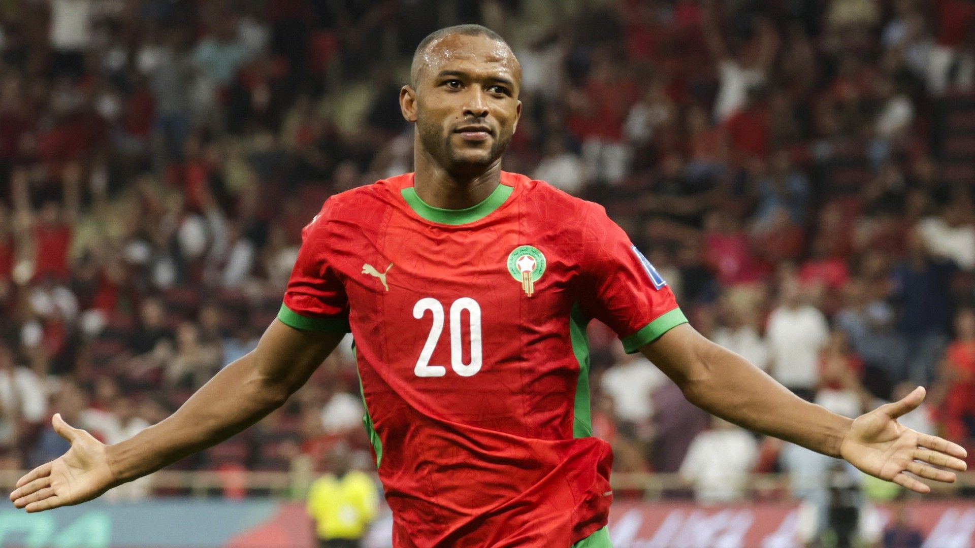 Morocco's forward Ayoub El Kaabi celebrates scoring