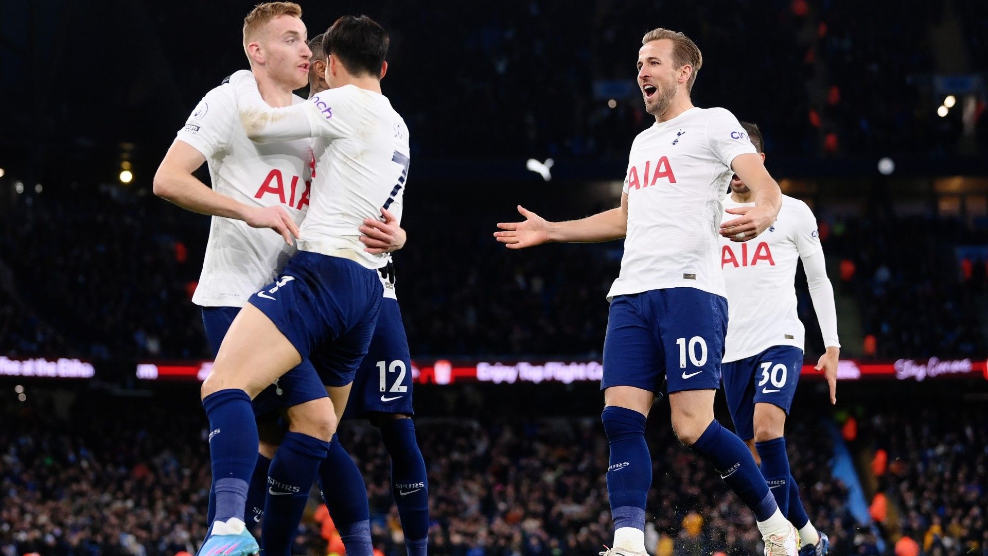 Tottenham celebrates Kulusevski goal against Manchester City