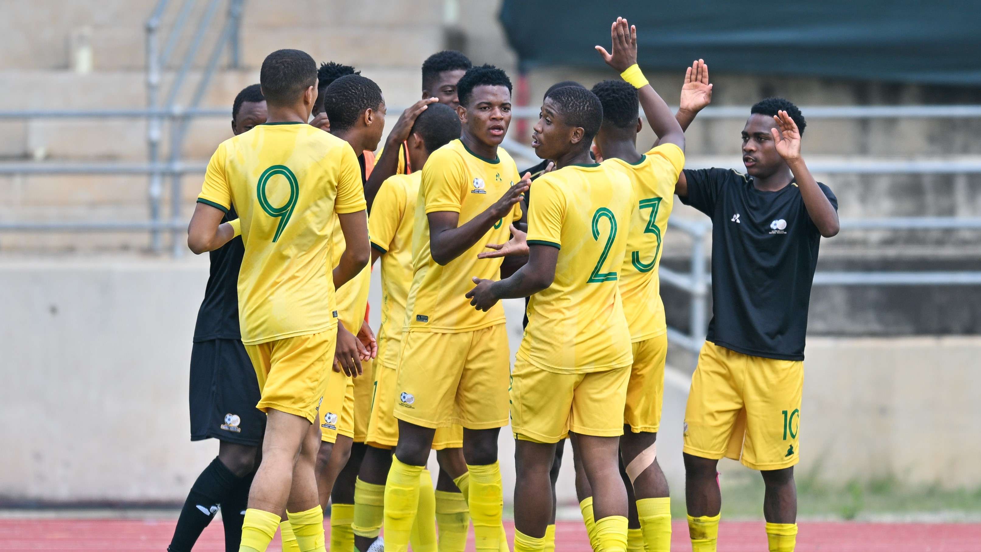 Shakeel April celebrates with Amajita teammates after scoring against Botswana