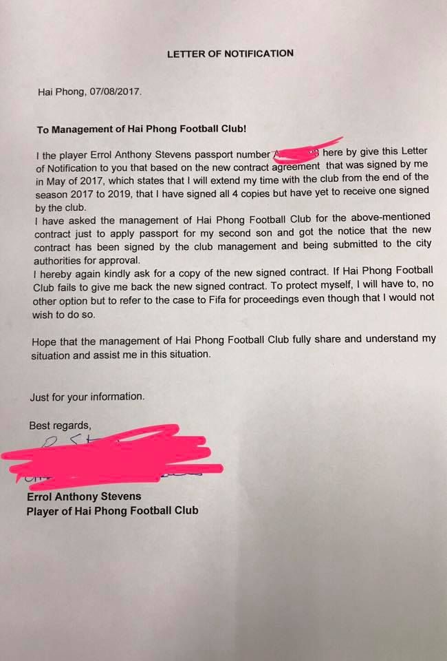 Errol Stevens gửi thư cho Hải Phòng