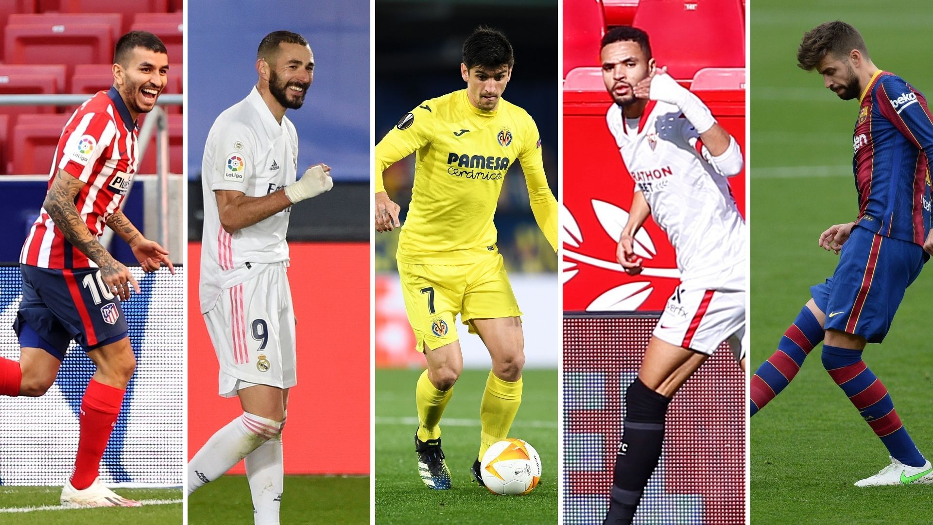 Correa, Benzema, Gerard Moreno, En-Nesyri y Piqué (Atlético de Madrid, Real Madrid, Villarreal, Sevilla y Barcelona)