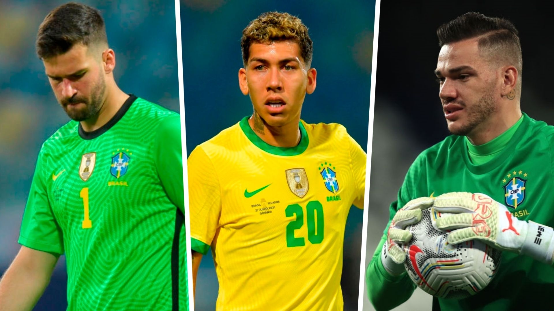 Ederson, Alisson y Roberto Firmino en un partido con Brasil de 2021