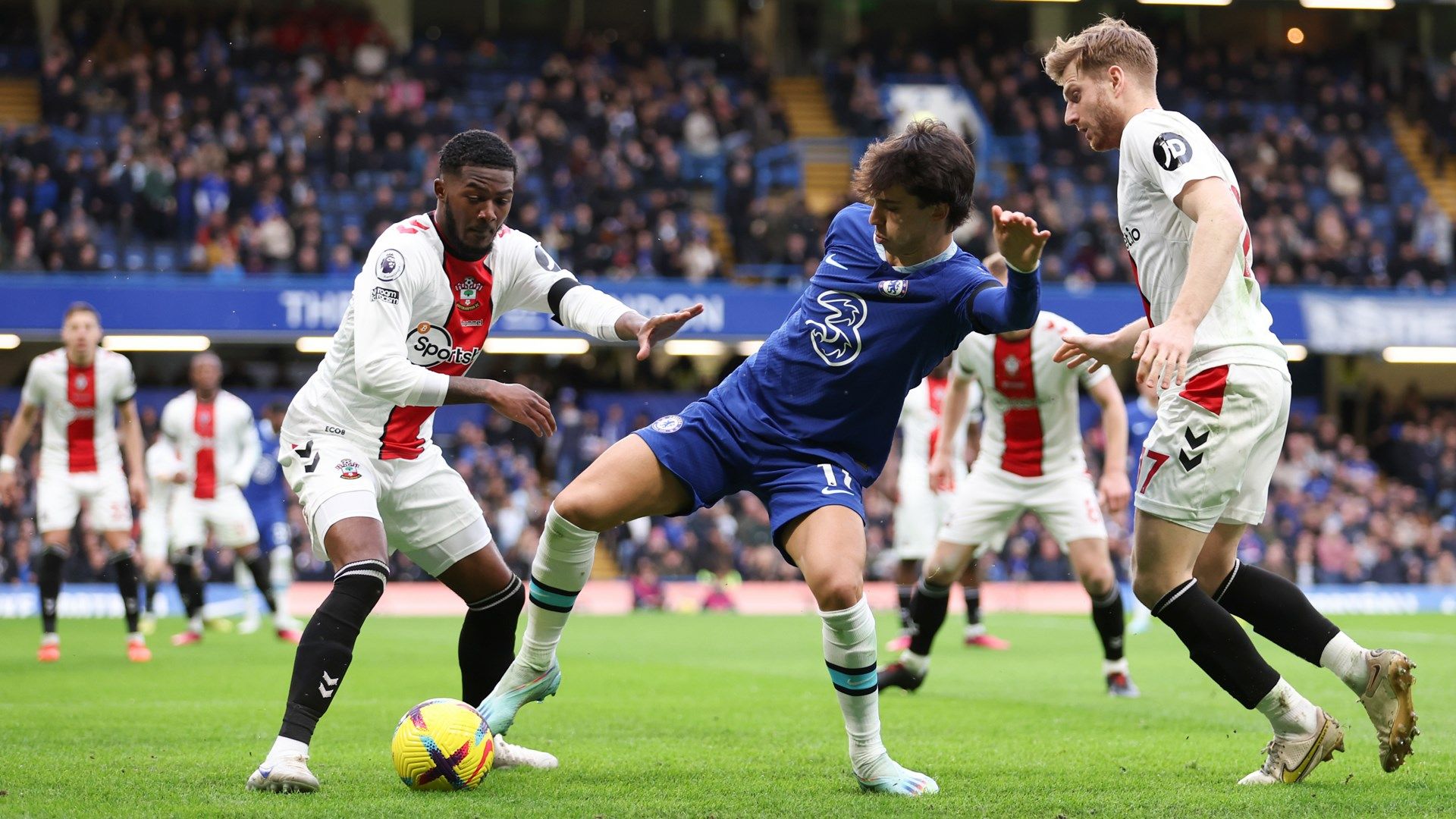 Chelsea's Joao Felix attempts to hold of Southampton defenders 2022-23