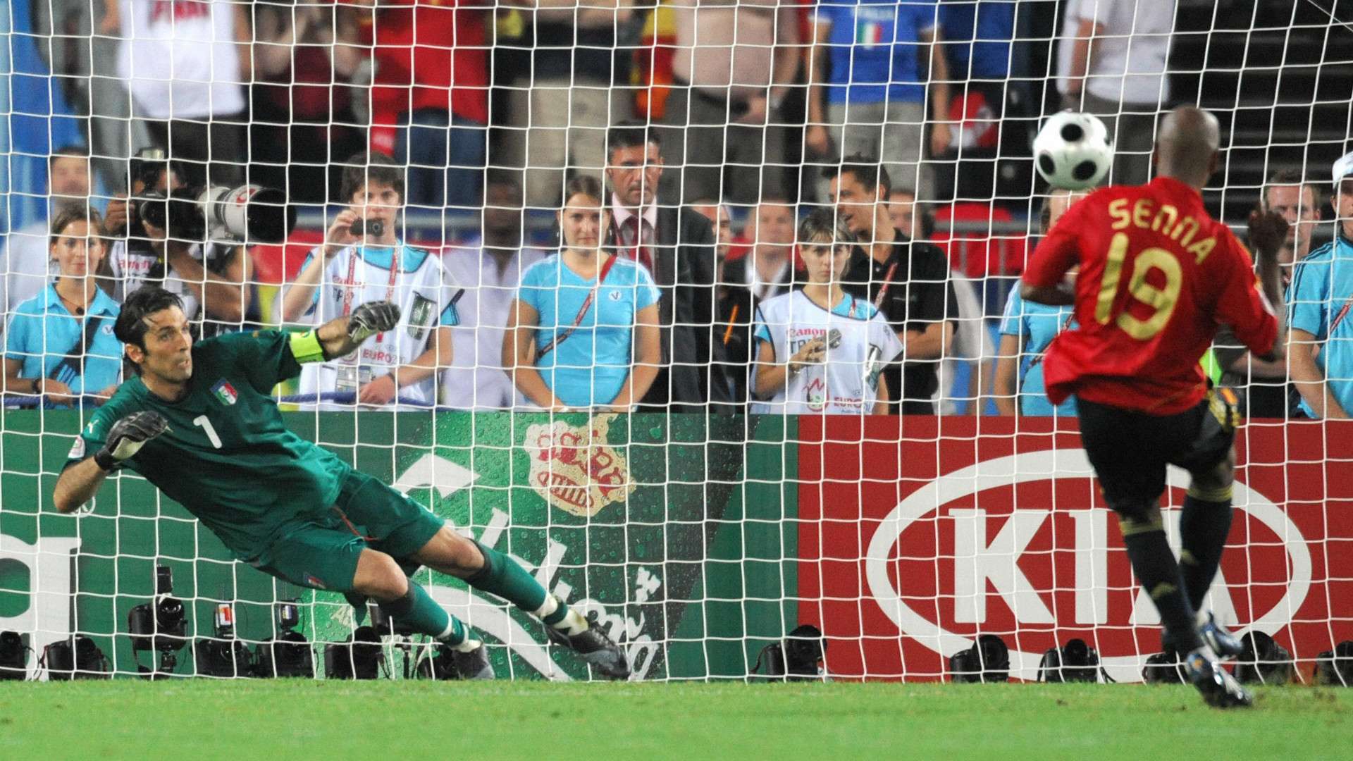 Marcos Senna scoring a penalty past Buffon at Euro 2008
