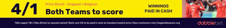 dabblebet new customer offer England v Belgium BTTS 4/1 footer