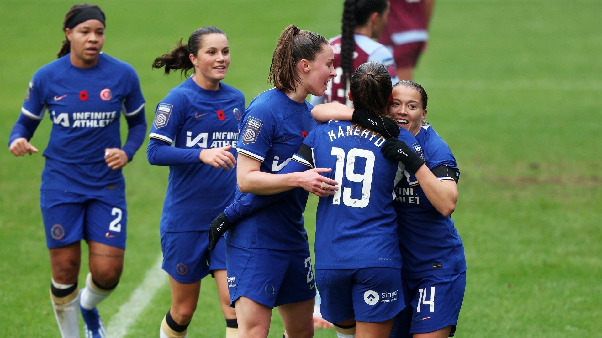 Fran Kirby Chelsea hugs team-mates 2023-24