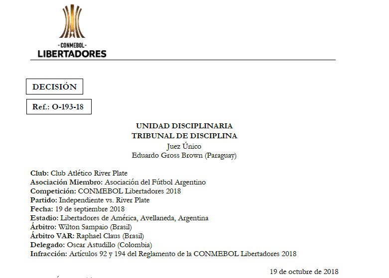 Sancion Conmebol River 25102018