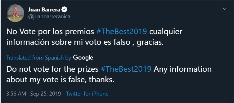 Juan Barrera Nicaragua vote at The Best 2019