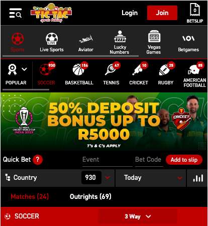 Tic Tac Bets Mobile Homepage screenshot