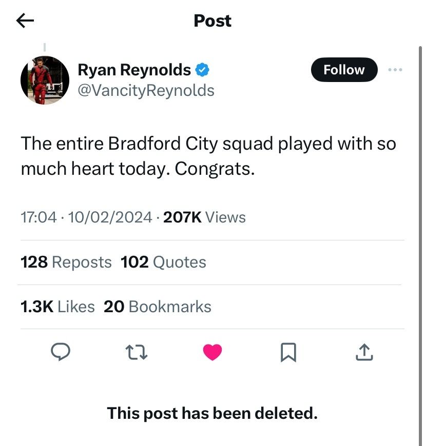 Ryan Reynolds Wrexham vs Bradford deleted tweet