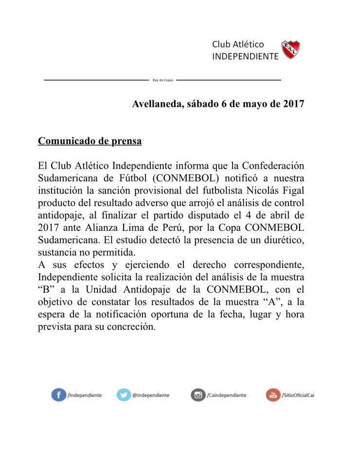 Comunicado de prensa doping positivo Independiente Nicolas Figal 2017