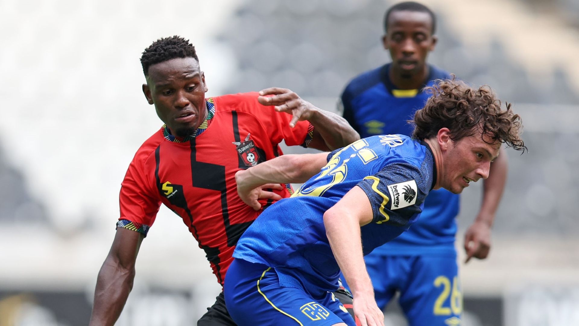 Victor Letsoalo, TS Galaxy & Gabriel Amato, Cape Town City, February 2025.