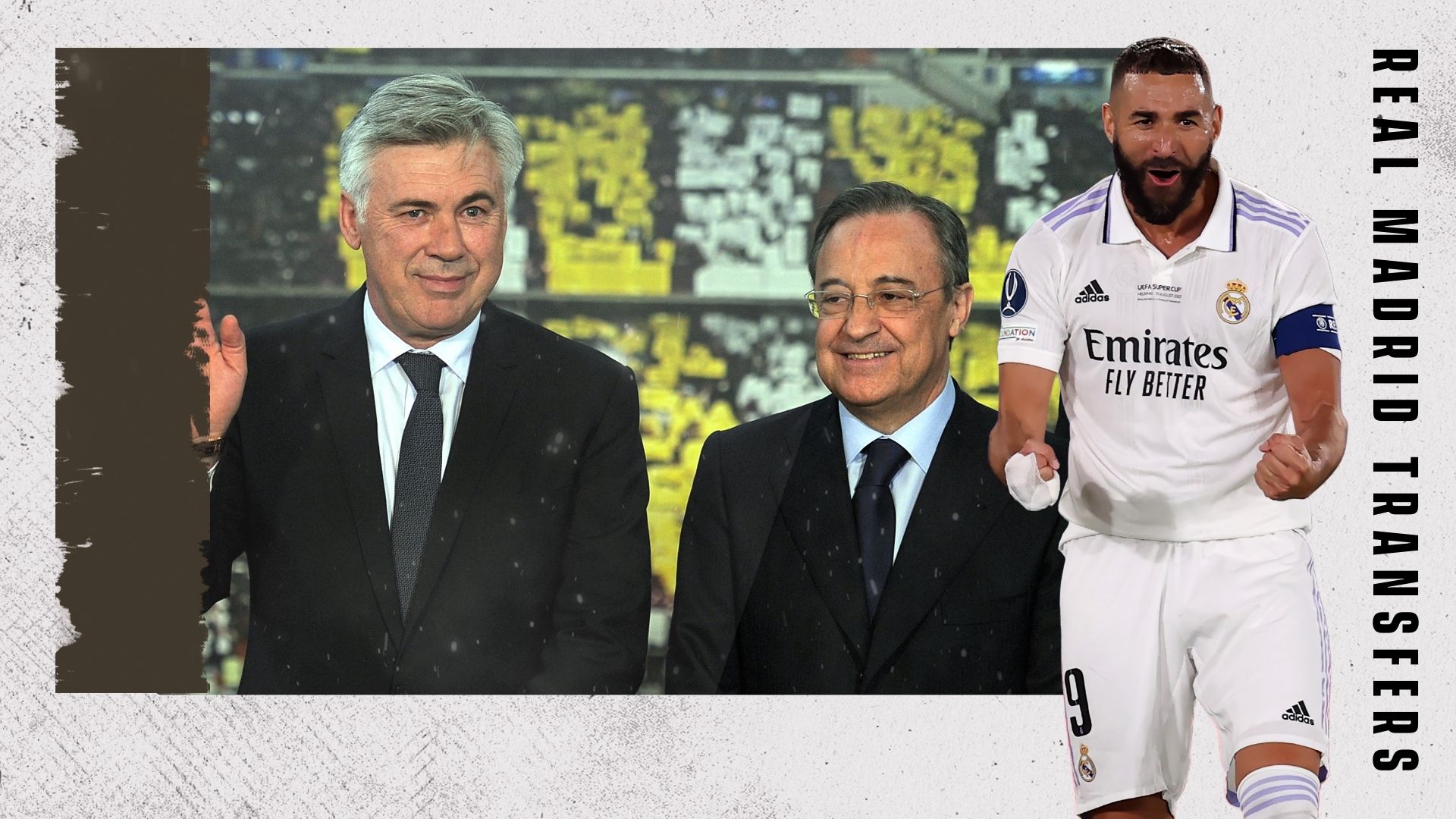 Carlo Ancelotti, Florentino Perez, Karim Benzema GFX