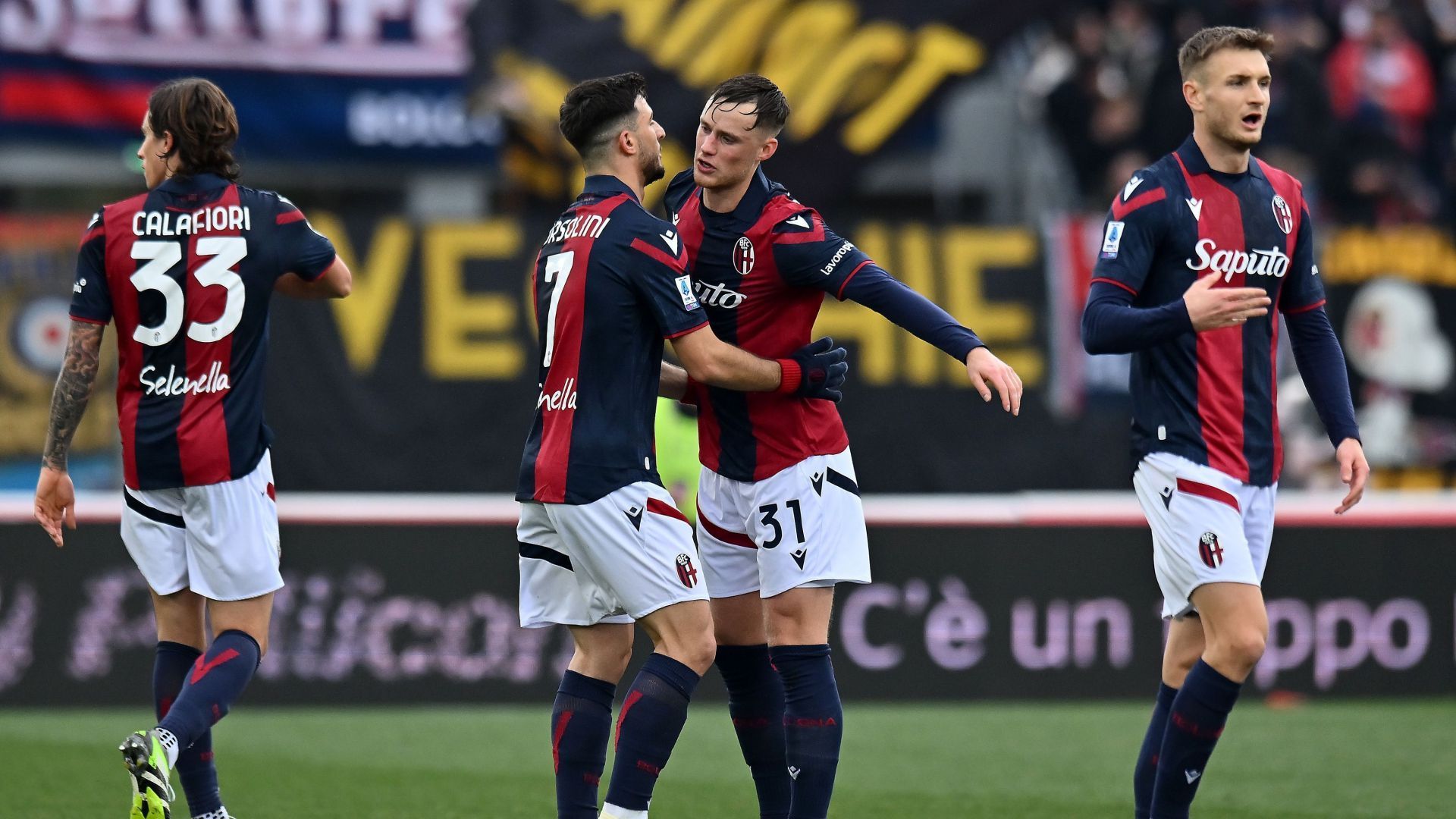 Bologna players celebrating Bologna Lecce Serie A