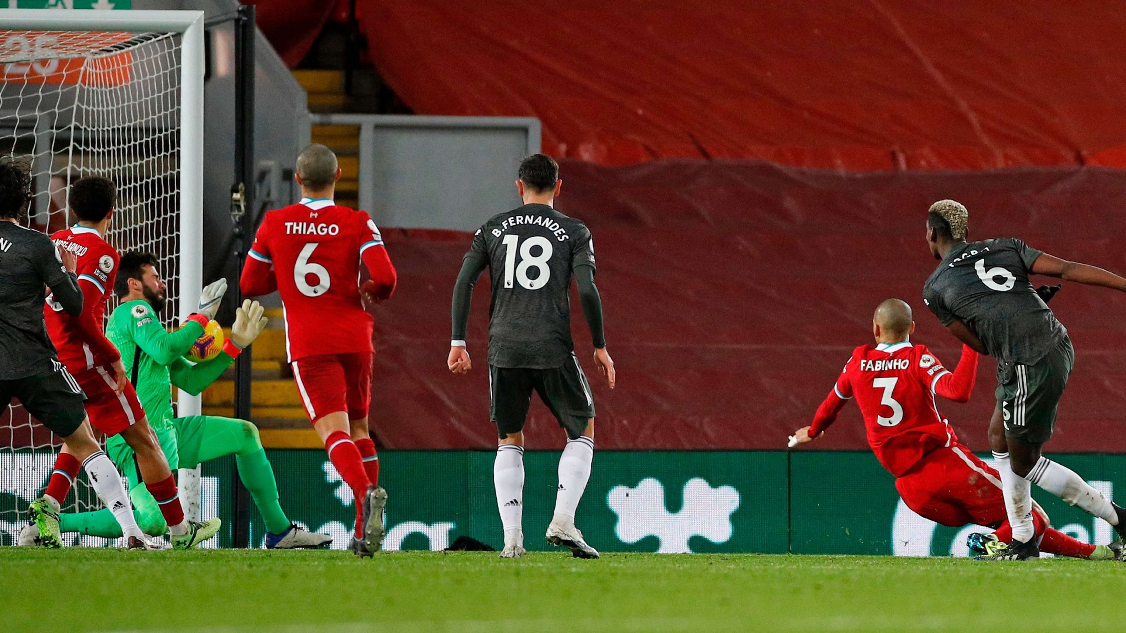 Paul Pogba Alisson Liverpool vs Man Utd Premier League 2020-21