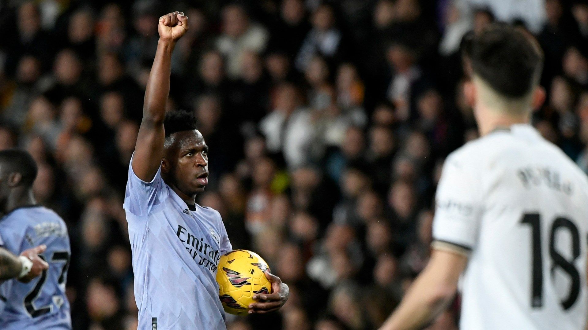 Real Madrid star Vinicius Junior celebrates with strong