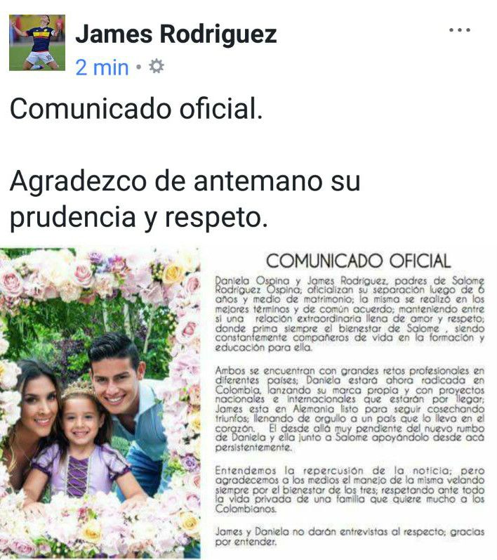 James Rodriguez Comunicado Separacion