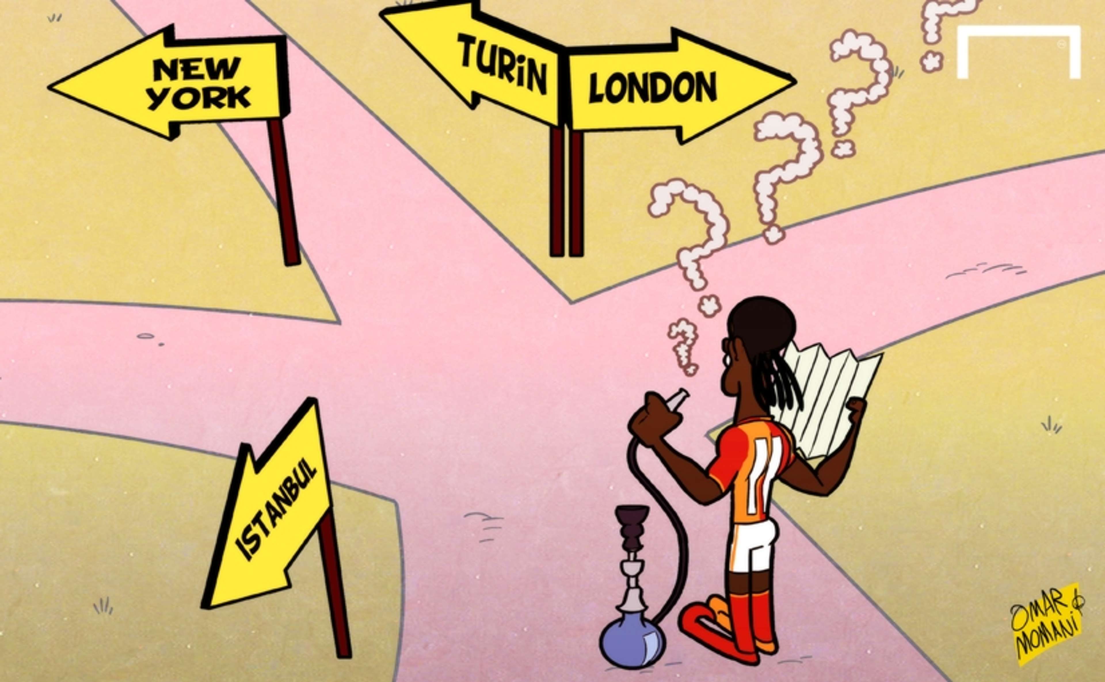 Cartoon Drogba in the cross roads