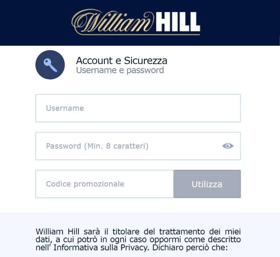 william hill formulario registrazione codice promo