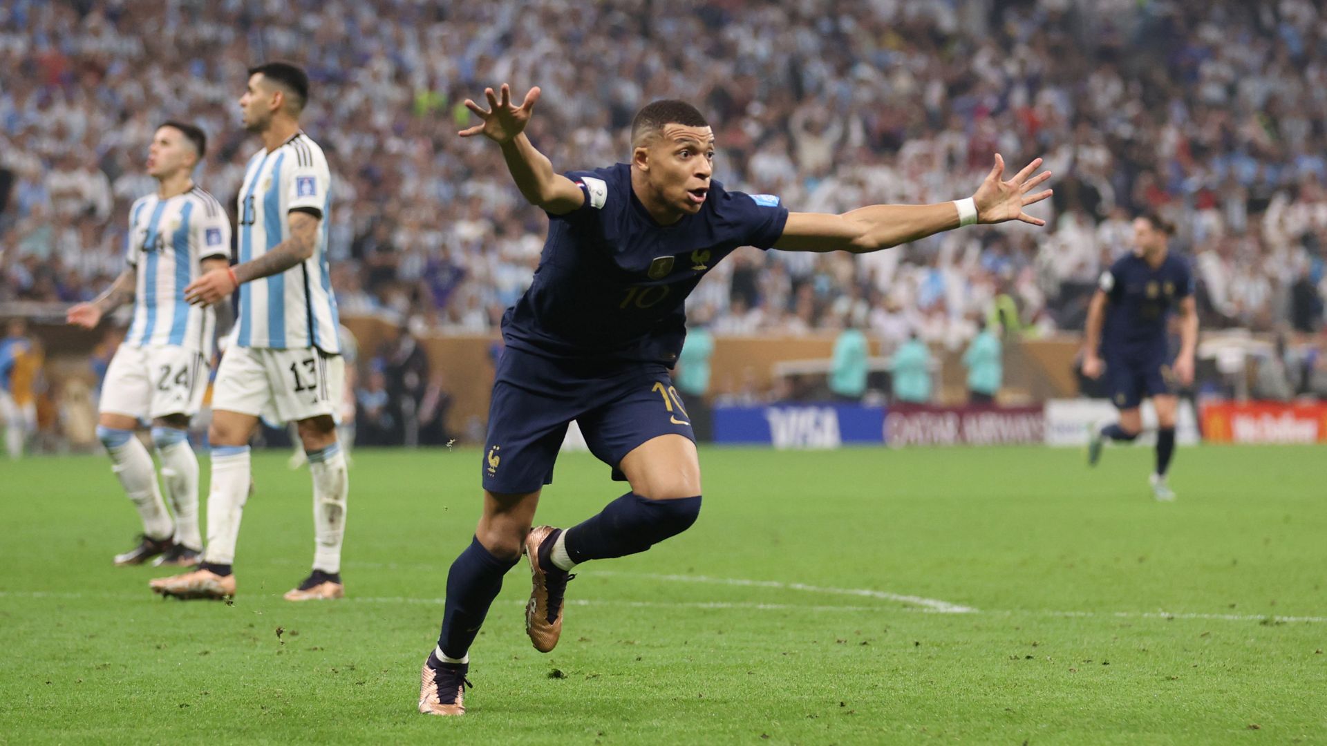 Kylian Mbappe of France celebrates scoring a goal during the FIFA World Cup Qatar 2022 Final match