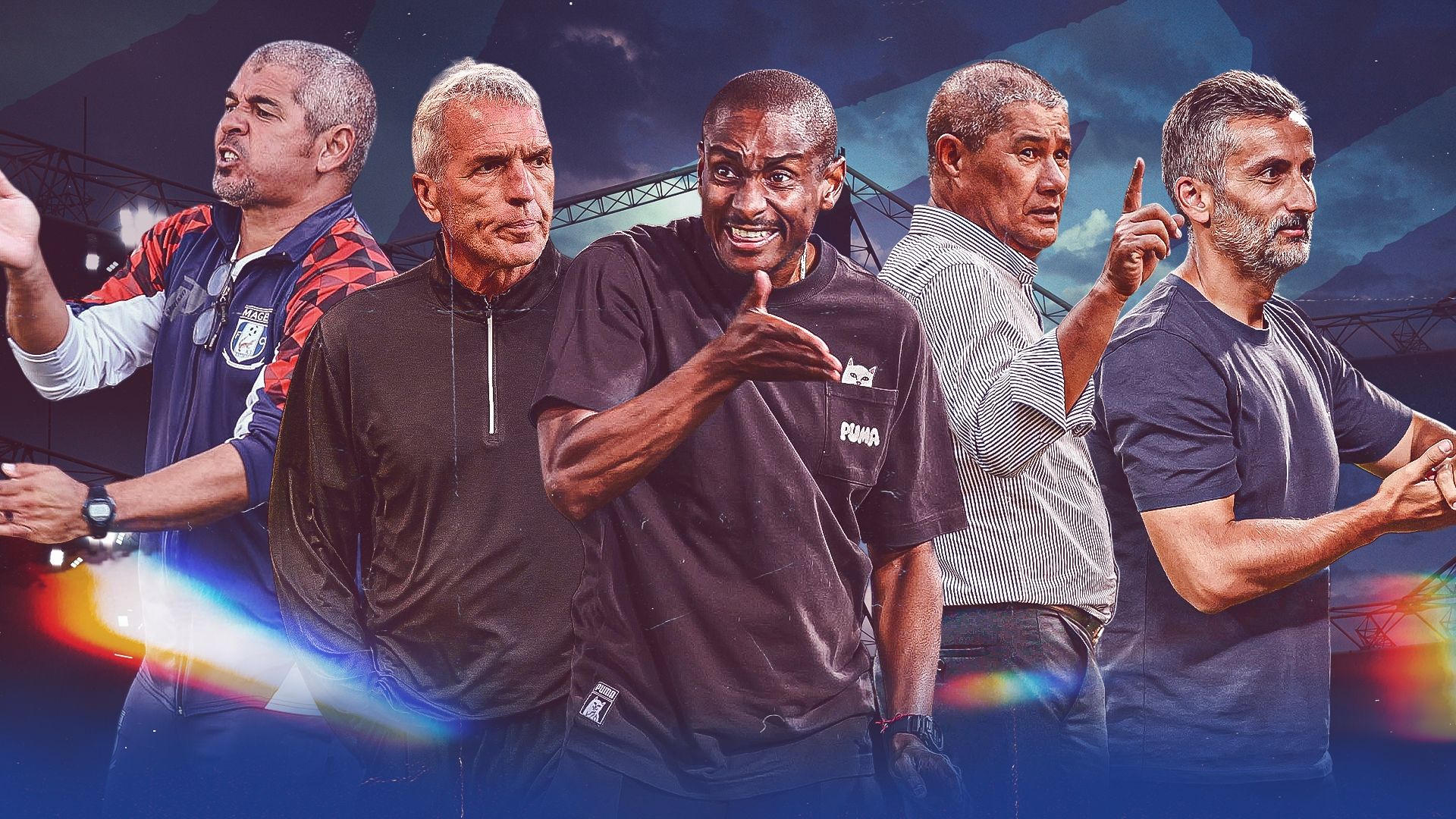 Rhulani Mokwena (Mamelodi Sundowns), Jose Riveiro (Orlando Pirates), Cavin Johnson (Kaizer Chiefs), Ernst Middendorp (Cape Town Spurs) and Clinton Larsen (Magesi FC) 