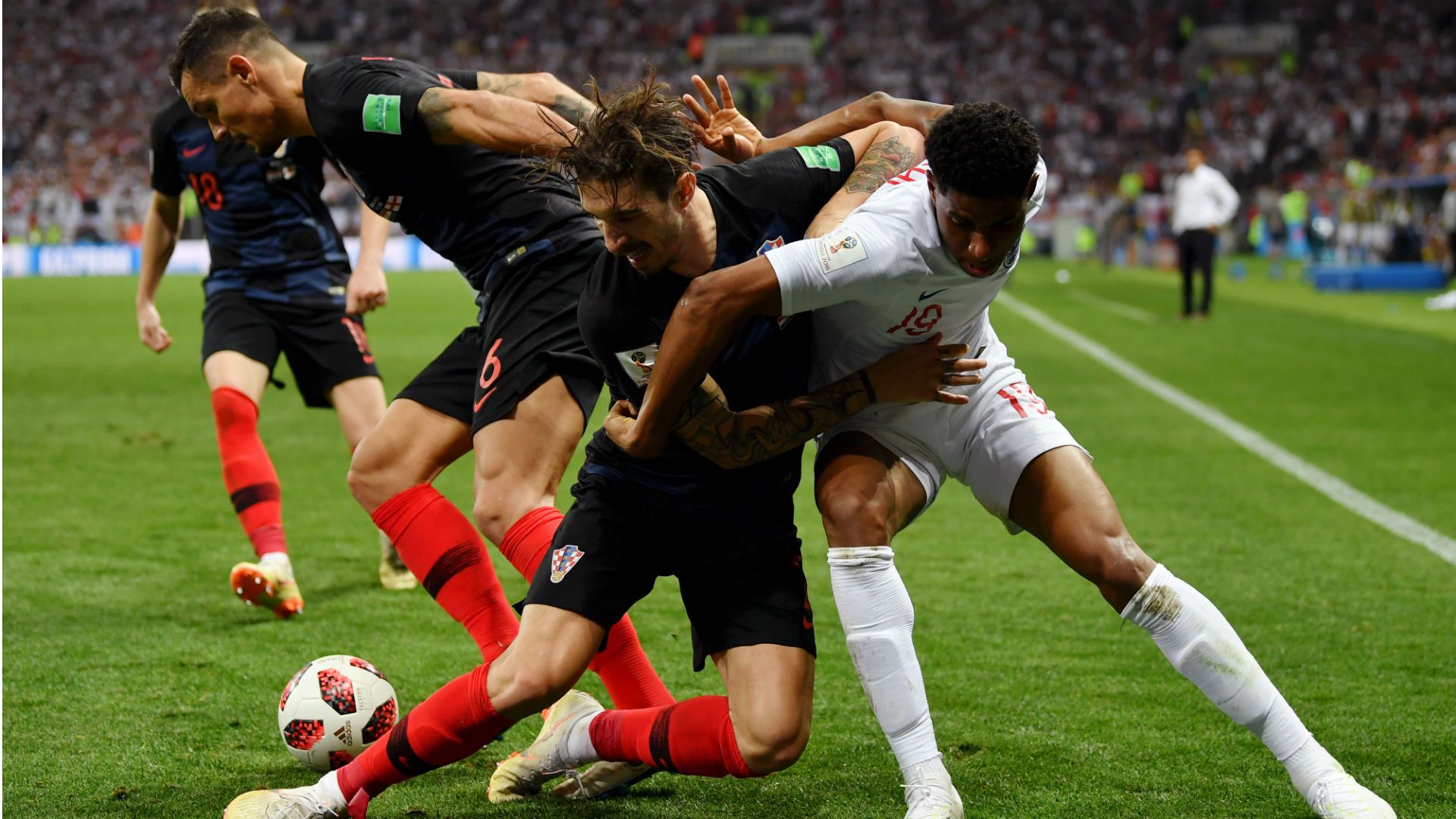 croatia england - dejan lovren sime vrsaljko marcus rashford - world cup - 11072018