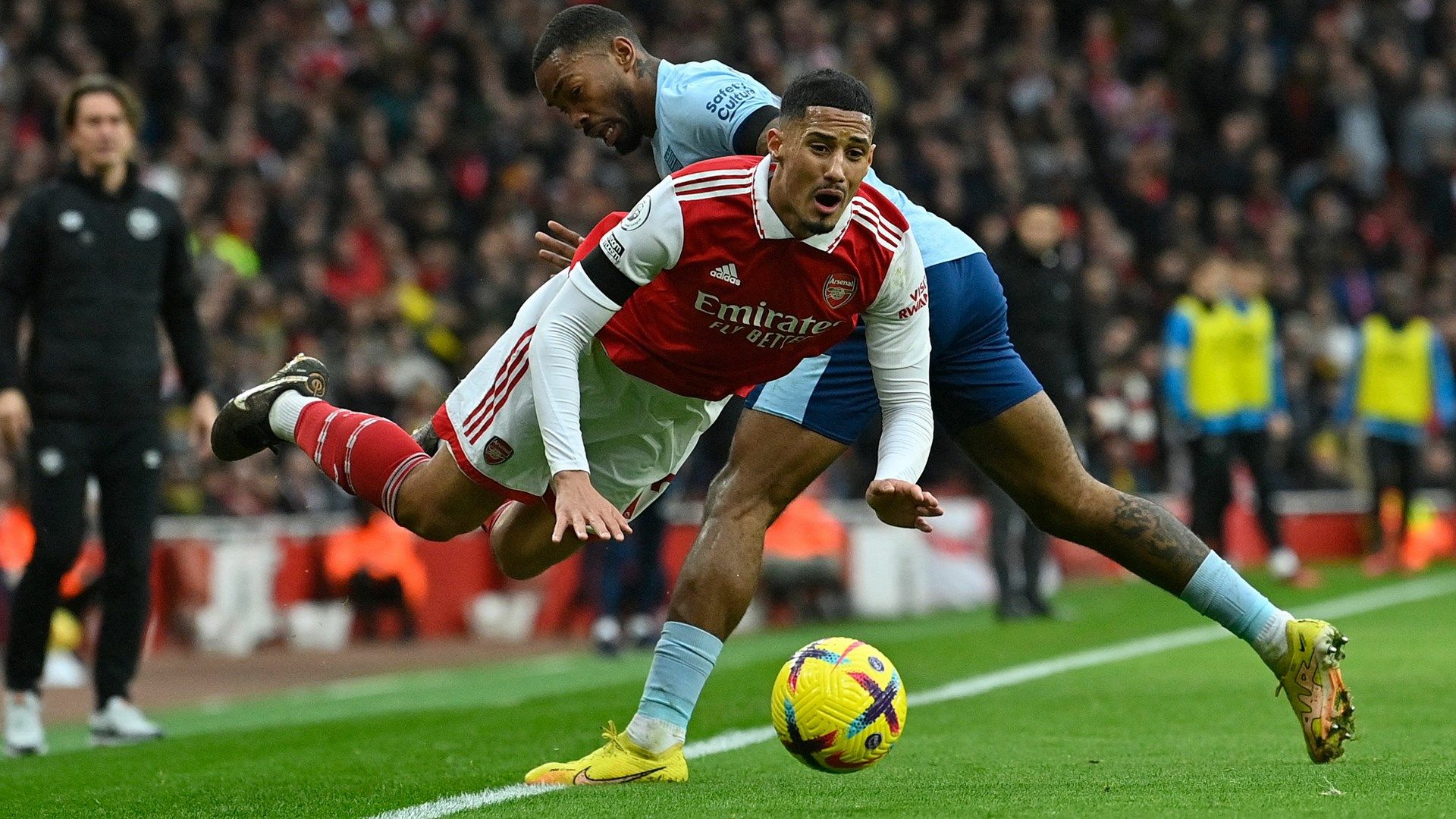William Saliba battles with Ivan Toney during Arsenal's draw with Brentford