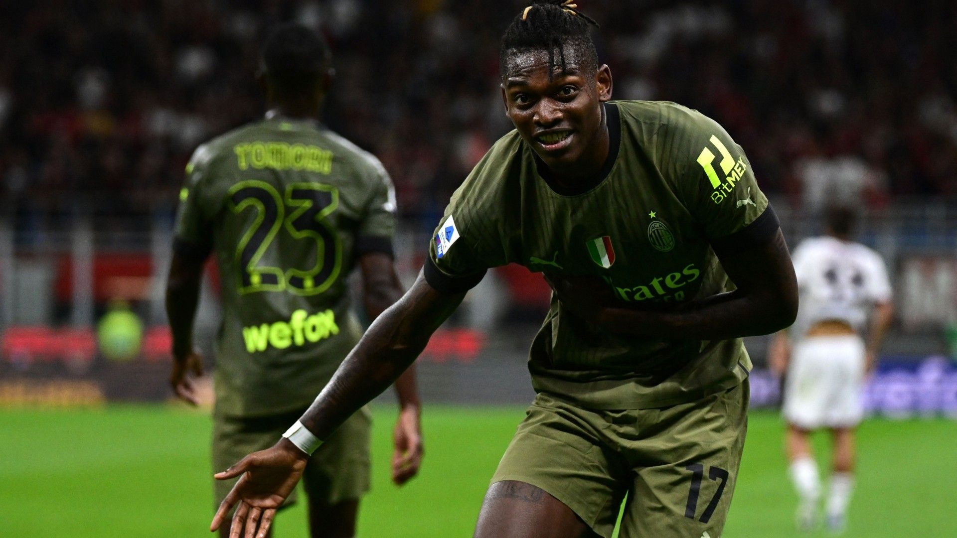 Rafael Leao celebrating Milan Bologna Serie A 2022-23