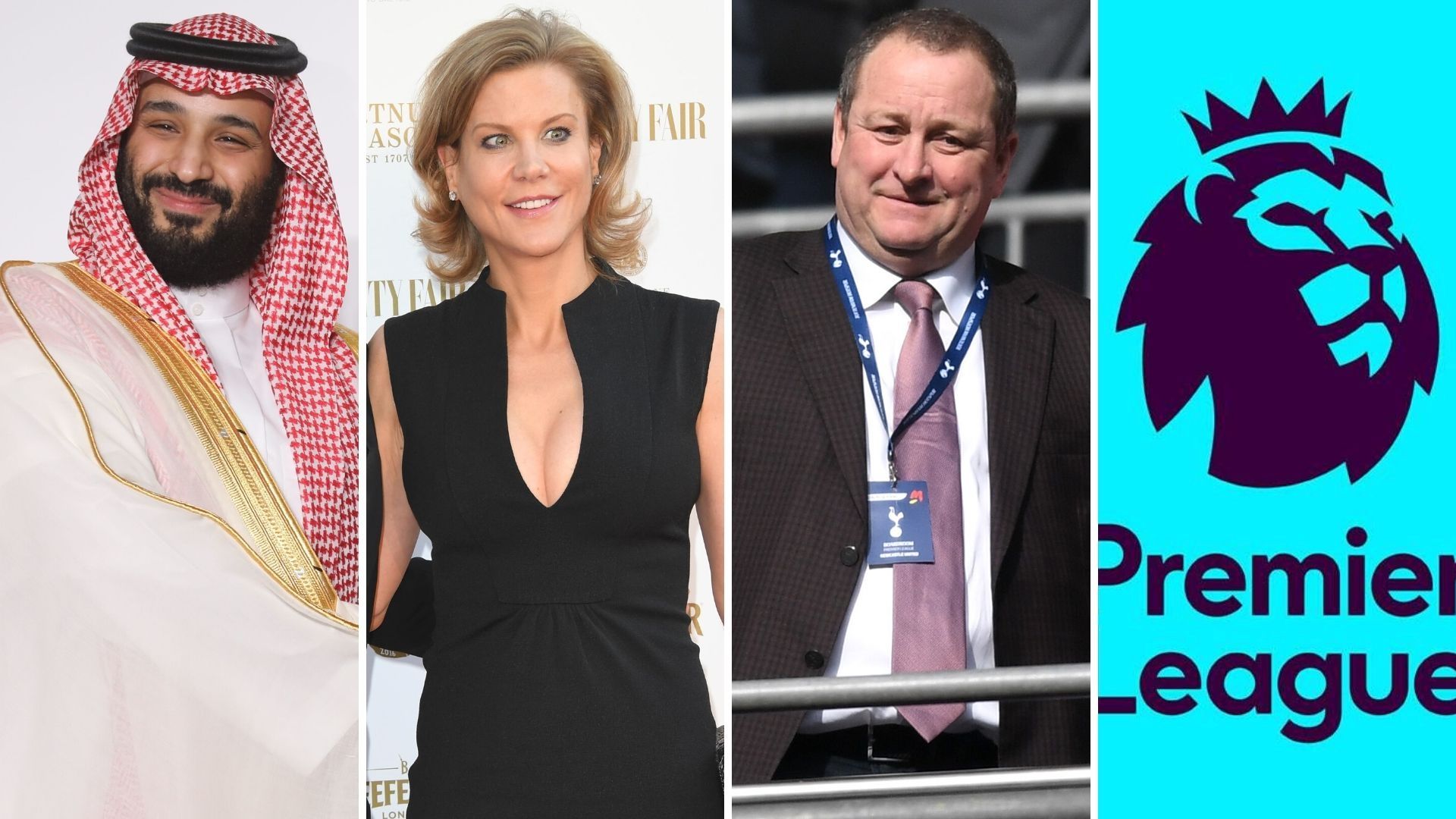 Bin Salman, Amanda Staveley, Mike Ashley y el logo de la Premier League