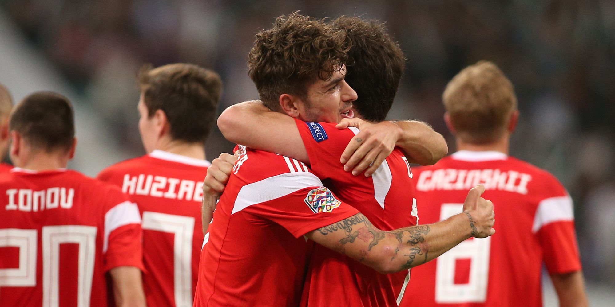 Russian players celebrating Russia Turkey UEFA Nations League