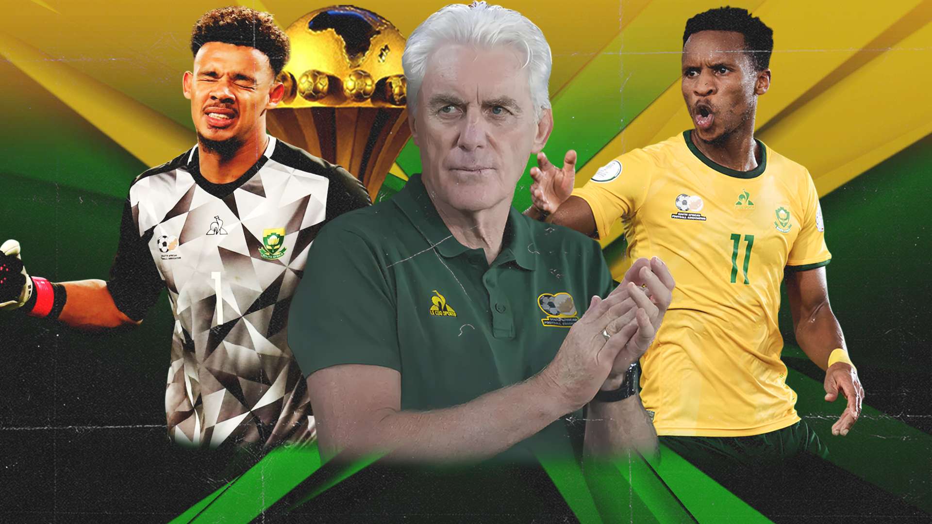 Hugo Broos, Ronwen Williams and Themba Zwane of Bafana Bafana