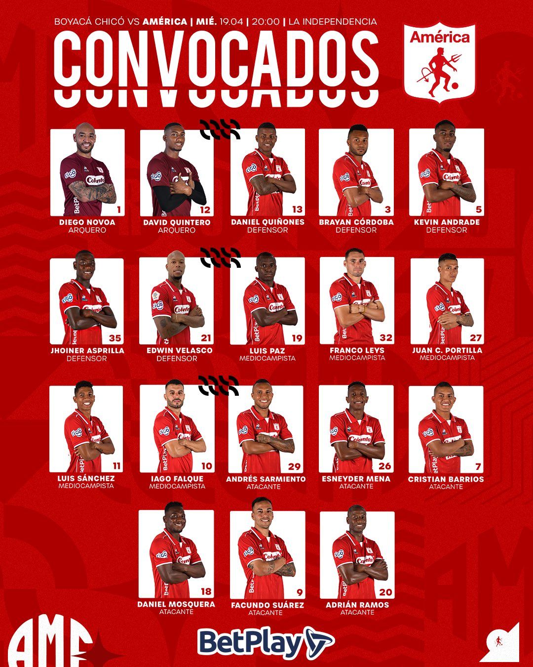 Convocados América Fecha 12 Liga BetPlay 2023