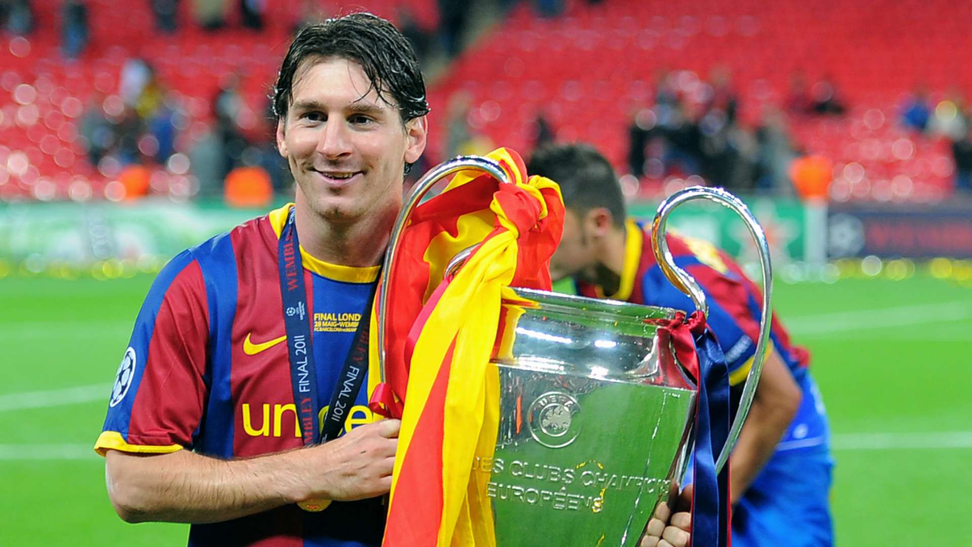Lionel Messi Barcelona Champions League trophy