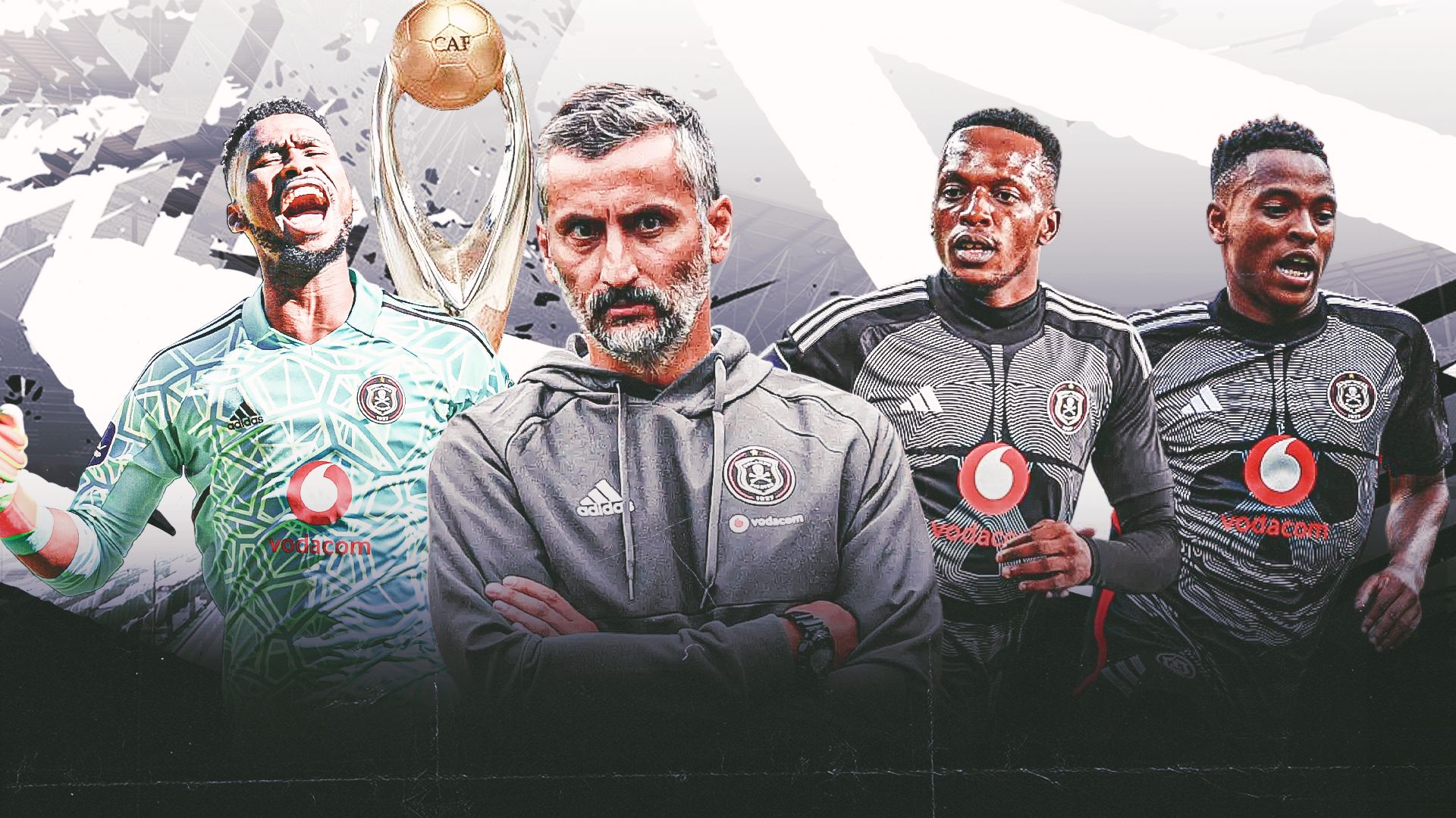 Jose Riveiro, Sipho Chaine, Patrick Maswanganyi and Relebohile Mofokeng of Orlando Pirates 