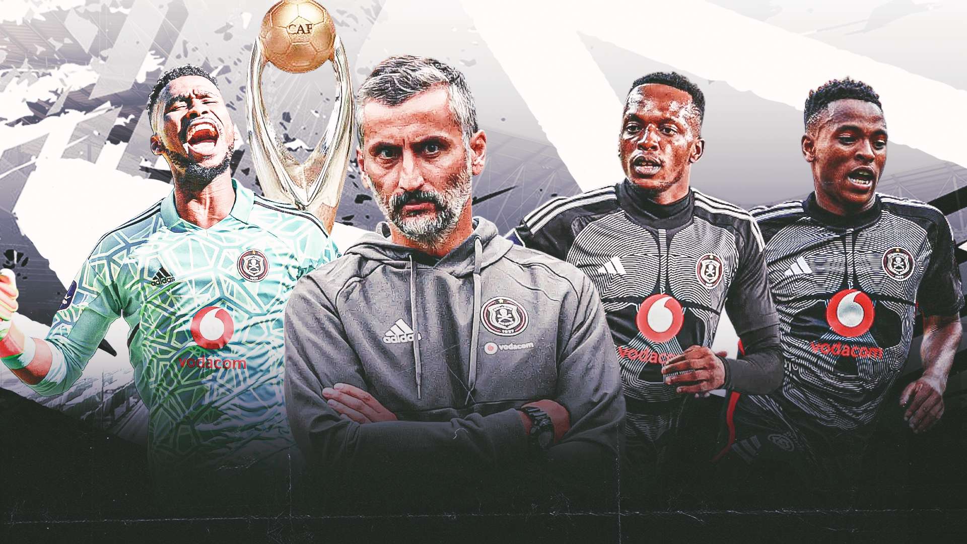 Jose Riveiro, Sipho Chaine, Patrick Maswanganyi and Relebohile Mofokeng of Orlando Pirates