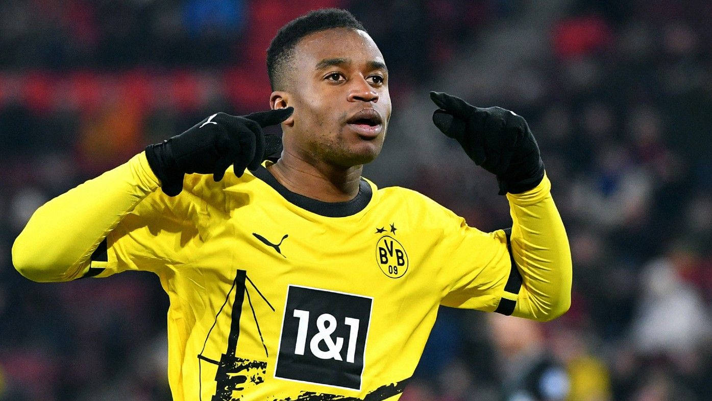 Dortmund's German forward #18 Youssoufa Moukoko celebrates his 0-4 