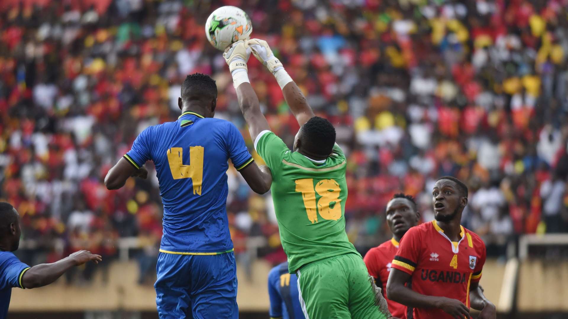 Aishi Salum Manula, Tanzania goalkeeper punches away the ball during the 2019 Afcon Qualifiers against Uganda