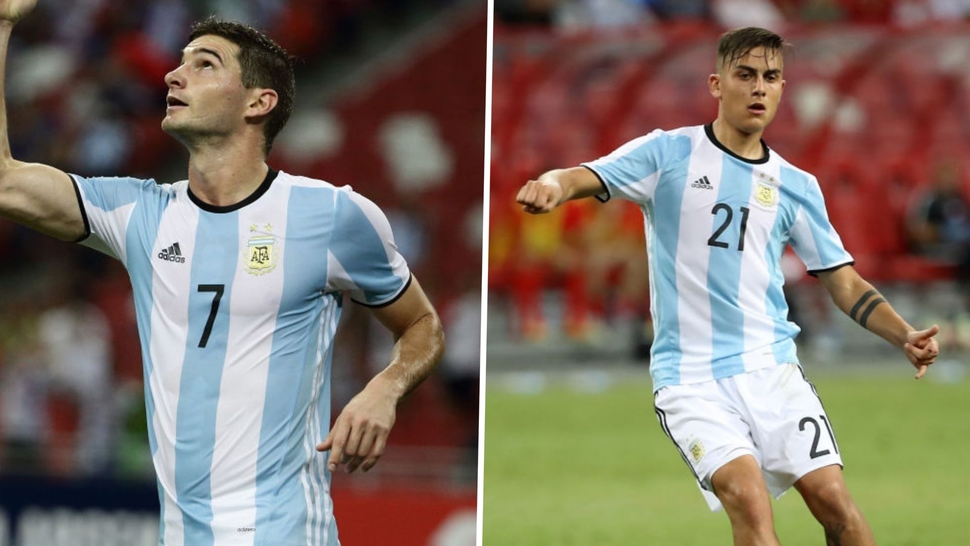 Lucas Alario y Paulo Dybala en un juego con la selección argentina