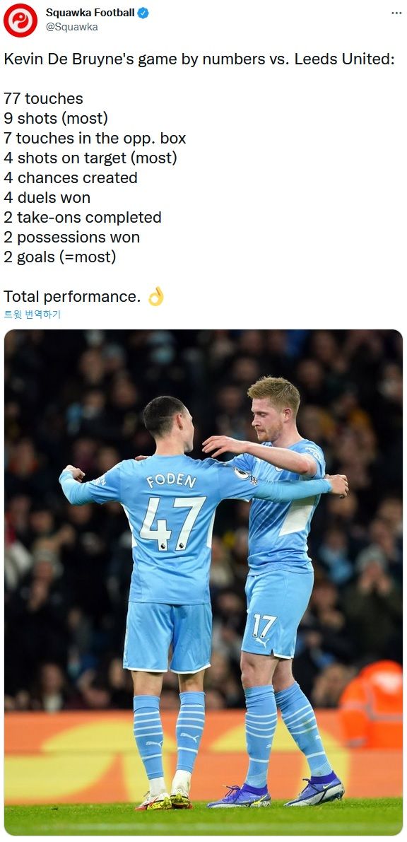 데 브라이너 스탯 vs 리즈